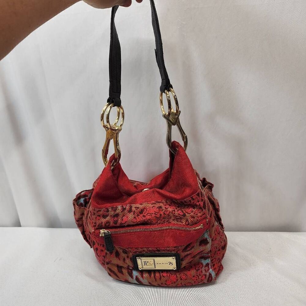 JPK Paris 75 Red Hobo Bucket Shoulder Tote Bag Women's Nylon Leather Strap